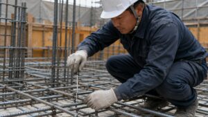 ハッカーで鉄筋の結束線を締める日本人作業員