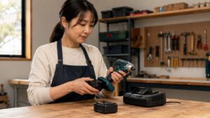 充電式電動工具からバッテリーを取り外して分別する日本人女性
