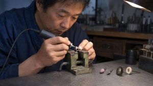 リューターで小さな金属部品のバリを研削する日本人職人