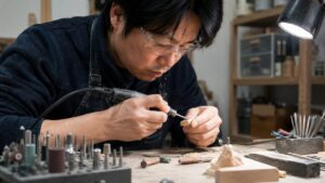 リューターで小さな木製部品を精密加工する日本人作業者