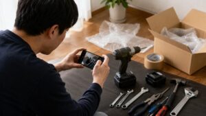 フリマアプリで工具を売るために電動工具やハンドツールを撮影する日本人男性