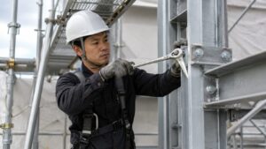 シノ付きラチェットレンチで鉄骨を締める日本人作業員