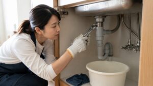 洗面台下で配管工具を使い水栓まわりを点検する日本人女性
