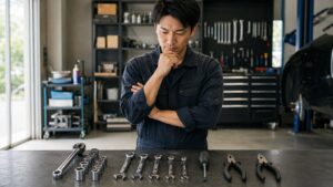 スナップオン工具が必要か迷う日本人整備士が作業台の工具を比較している様子