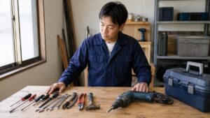 工具の捨て方を確認するため手工具と電動工具を分別する日本人男性
