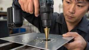 日本人作業者がタケノコドリルで金属板の穴を広げる様子