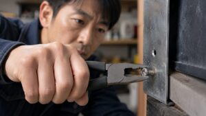 ネジ外しプライヤーで頭が出たなめたネジを外す日本人男性