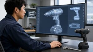 工具の3DデータをCAD画面で確認する日本人技術者と電動工具のモデル