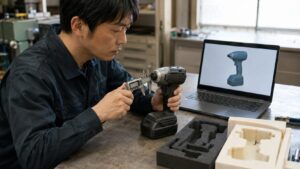 実物の電動工具を測定しながら3Dモデルと寸法を照合する作業風景