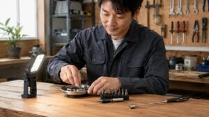 工具の便利グッズとして作業ライトやマグネットトレーやビットホルダーを作業台に並べる日本人男性