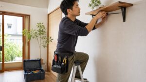 工具腰袋を付けた日本人男性が脚立に乗り、壁面の棚を取り付けるDIY作業をしている様子