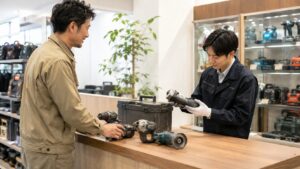 大阪の工具買取店でスタッフが持ち込まれた中古電動工具を査定する様子