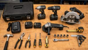 工具買取相場を確認するため作業台に並べた電動工具とハンドツール一式