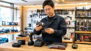 工具買取王国の利用前に中古工具や付属品を確認する日本人男性