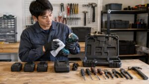 工具買取の査定前に電動工具を清掃し付属品を整理する日本人作業者