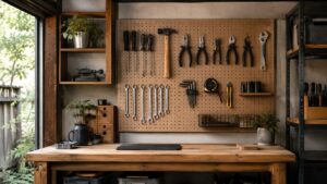 有孔ボードにドライバーやレンチを並べた工具の見せる収納