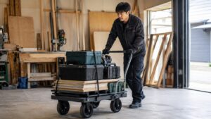 工具箱と資材を台車でまとめて運ぶ日本人作業員
