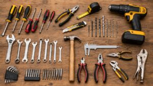 工具 英語 一覧を解説するため木製作業台に並べたドライバーやレンチや電動工具