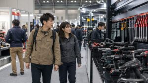 工具展示会で電動工具や手工具を見ながら比較する日本人来場者