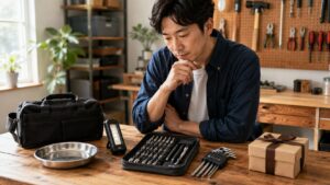 工具プレゼントに選びやすいビットセットや作業ライトを前に悩む日本人男性