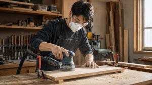 保護ゴーグルと防じんマスクを着用して木材をサンダー研磨する日本人作業者