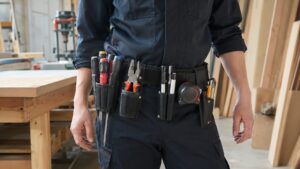 工具ホルダーを腰ベルトに装着し、ドライバーやペンチ、メジャーを整理して携帯する作業者