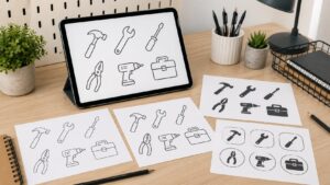 工具イラストと工具アイコンのデザイン案を並べた作業デスク
