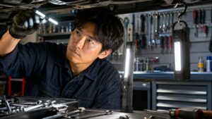 複数のLED作業ライトを使い分けながら工具作業をする日本人整備士