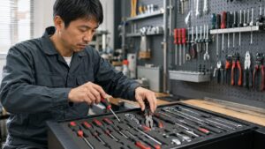 工具の紛失防止のため収納スポンジに工具を戻す日本人男性