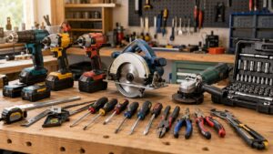 工具メーカー比較のため作業台に並べた電動工具と手工具一式
