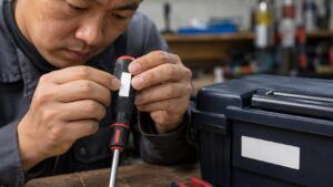 工具の紛失防止対策としてドライバーに名前シールを貼る日本人男性