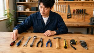 工具の名前一覧を学ぶため作業台に並べたドライバーやレンチなどの基本工具