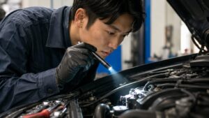 ペンライトで車のエンジンルームを点検する日本人整備士