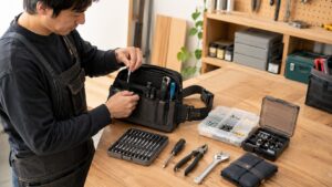ビットホルダーや工具ポーチや小物ケースを作業台で整理する日本人男性