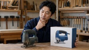 古い工具を売る前に新しい電動工具との買い替えを考える日本人男性