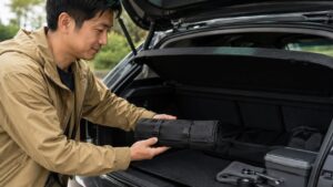 車のトランクに工具ロールバッグを収納する日本人男性