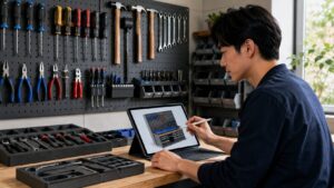 工具収納の3Dレイアウトを確認しながら有孔ボードと工具を整理する作業風景