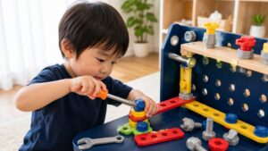3歳の子どもが作業台でドライバー型の工具おもちゃを使う様子