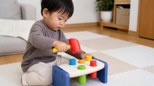 2歳の子どもが大きなハンマー型工具おもちゃで遊ぶ様子