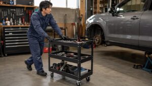 キャスター付き工具ワゴンを車の整備場所まで移動する日本人整備士