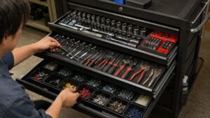 引き出し付き工具ワゴンにソケットやレンチを整理して収納する様子