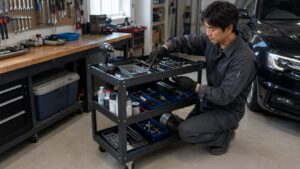 ガレージで工具ワゴンを使い工具を整理する日本人男性