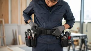 工具腰ベルトのサイズ感と装着状態を確認しながら、腰袋と工具差しを調整する日本人作業者