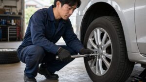 車のタイヤ交換でトルクレンチを使いホイールナットを締める日本人男性