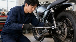 バイク整備でリアホイール周辺のボルトをトルクレンチで締める日本人男性