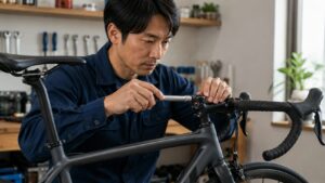 ロードバイクのハンドル周りを小型トルクレンチで調整する日本人男性