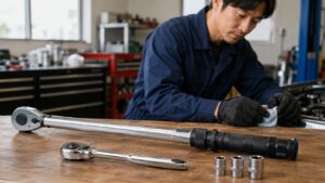 トルクレンチと普通の工具レンチの違いを確認する作業台の工具一式