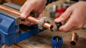チューブカッターで銅管をまっすぐ切断する配管作業