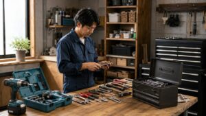 作業場で中古の手工具や工具箱を整理し状態を確認する日本人作業者