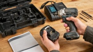 作業台で中古電動工具のバッテリーと付属品を確認する様子